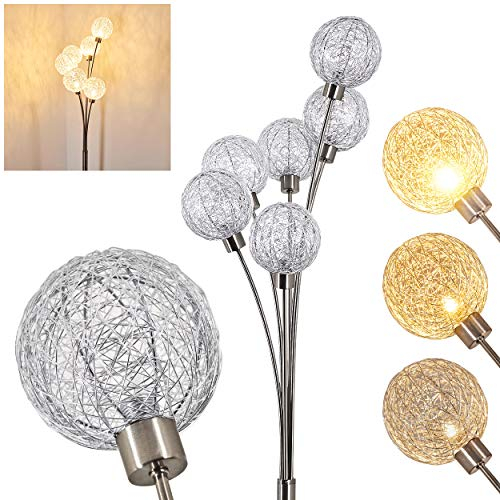 Stehlampe Bernado stufenlos dimmbar, Stehleuchte Nickel-matt/Silberfarben, 6-flammig, G9, mit 6 Drahtkugeln, Bogenlampe für Wohnzimmer, Schlafzimmer, Flur, mit Fußschalter am Kabel, ohne Leuchtmittel