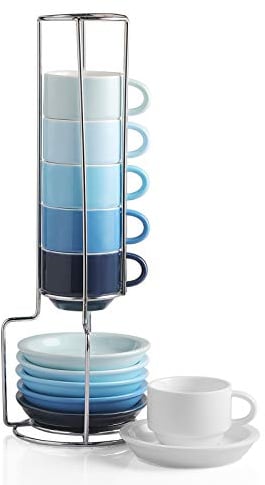 Sweejar Set di 6 tazze da caffè e piattino, impilabili, in porcellana Demitasse con supporto in metallo, 70 ml, per latte, caffè, cappuccino, tè Colore simile.