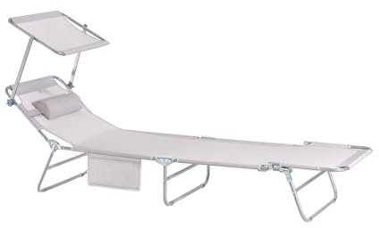 SoBuy Tumbona Plegable de Jardín, Silla Playa con Parasol, Almohada y Bolsillo Lateral, Tumbona Reclinable para Patio, Camping, Playa, Beige, 155x56x81cm, OGS48-MI