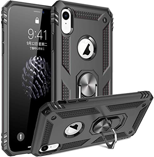 Fetrim Hülle Kompatibel für iPhone XR, doppellagig stoßfest Schutzhülle mit Drehring Ständer für Apple iPhone XR (Schwarz)