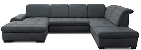 CAVADORE Wohnlandschaft Lexi / Große U-Form mit XXL-Longchair links und Federkern / Leichte Fleckenentfernung dank Soft Clean / 329 x 82 x 224 / Flachgewebe: Dunkelgrau