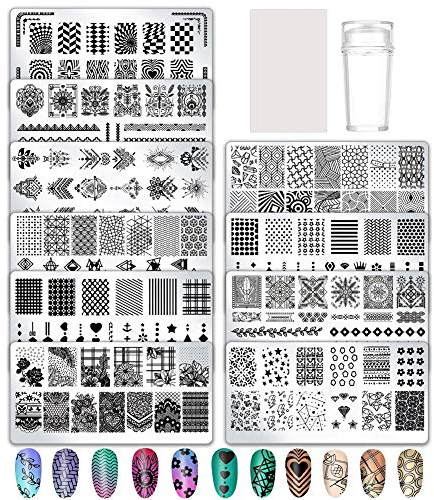 birdsunshine 10 Pcs Nail Stamping Plates, Flowers, Lace, Geometric Patterns Nail Art Stamping Templates Manicure Tool Kit, with 1 Stamper and 1 Scraper