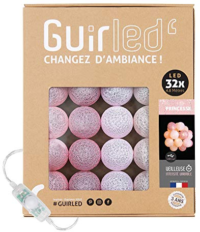GuirLED - Lichterkette Kugeln Baumwolle - LED USB – Nachtlicht Baby 2 Stunden – Netzadapter – 3 Intensitäten – 32 Kugeln 3.2m – Prinzessin