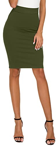 Donna Elegante Business Solido Elastico a Vita Alta Bodycon Midi Matita Gonna(M, Esercito Verde)