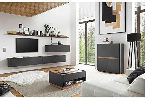 Lomadox Wohnzimmer Wohnwand komplett Set in anthrazit mit Absetzungen in Wotan Eiche Nb.