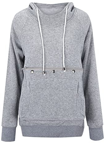 Moginp Damen Pullover Kapuzenpullover mit Katzen Hund Tasche Hundetasche Katze Sweatshirt Pulli Hoodie Kapuze Katzenpulli Beutel Langarm Herbst Winter Große Größen Mit Velve (Grau,XXL)