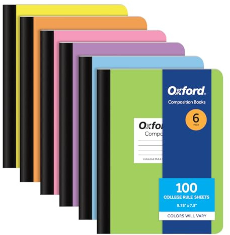 Oxford Composition Notebooks, 6 Pack, Cover Colors Vary, College Ruled Paper, 9-3/4 x 7-1/2 Inch School Journals, Assorted Pastel Covers, 100 Sheets, per Book (63760)