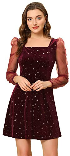 Allegra K Women's Halloween Costume Mesh Sheer Puff Long Sleeve Square Neck Glitter Star Mini Velvet Dress Red 12