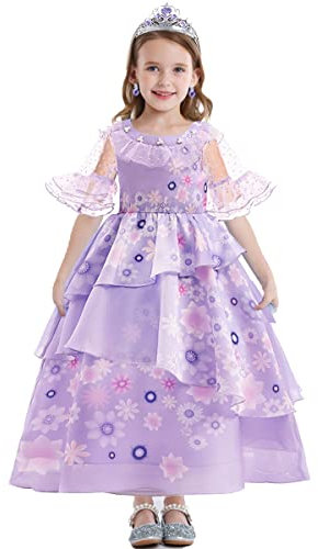 Snyemio Vestito Costume Mirabel Bambina Abito Isabela Principessa Bimba Manica Corta per Halloween Carnevale Festa Compleanno Partito, Viola, 104-110(Etichetta 100)