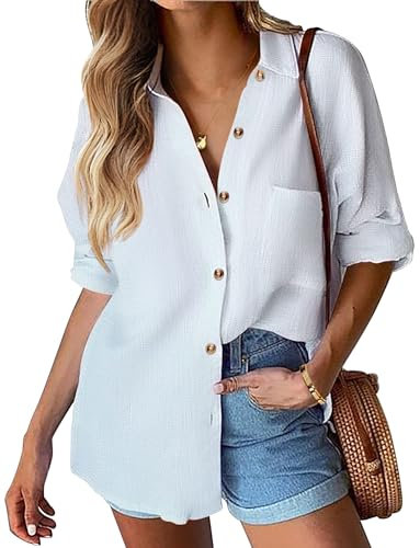 Hotouch Chemisier Blanc Chemise à Manches Longues pour Femme Loisirs avec Col Boutonné et Patte De Boutonnage Blanc XL