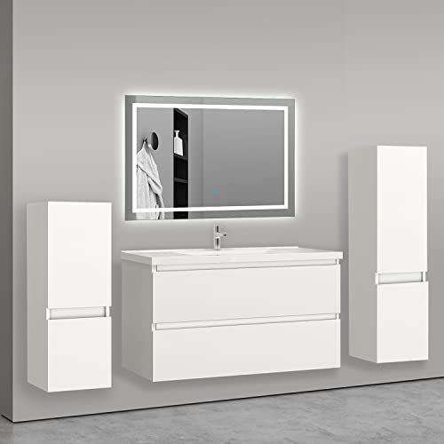 AICA sanitaire Ensemble de Meuble de Salle de Bain Blanc Clair 99cm+Vasque+Miroir+Colonne Meuble Salle de Bain-Armoire de Rangement-Meubles-lavabos