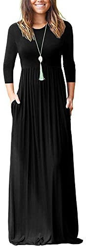 WNEEDU Femme Robe Longue Manches 3/4 Robes Maxi Décontractées avec Poches Robes Femme