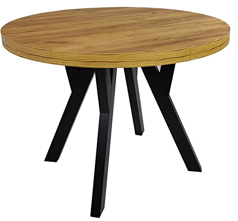 Runder Esstisch Ausziehbar Wohnzimmertisch Holzbeine Rustikaler Tisch mit Schwarzen Tischbeinen Ausziehtisch Küchentisch Kaffeetisch RO-7 Ø90/190 cm Schwarz Craft Eiche