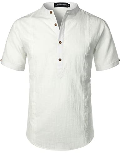 LucMatton Men's Casual Cotton Linen Short Sleeve Henley Shirt Summer Lightweight Cuban Guayabera Beach Tops White X-Large