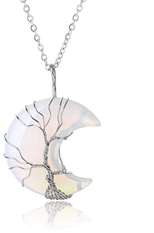 Cristal Pierre Collier Femme, Naturelle Pierre de Lune, Arbre de Vie Lune, Collier Pendentif en Filigrane avec Chaîne en Argent Sterling, Convient aux dames, aux mères, aux jeunes filles