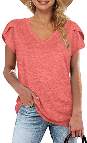 WNEEDU Camiseta Mujer Manga Corta de Pétalo Top Cuello en V Casual Blusas Básico Camisa Pomelo Rojo M