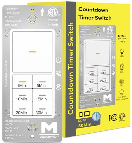 Minoston 30 Minutes Countdown Timer Switch, Push Button Timer Switch for Bathroom Fans 1-5-10-15-20-30Min, Wall Light Timer Switch 1/2HP, Neutral Wire Required, ETL & FCC Listed, White(MT13N)