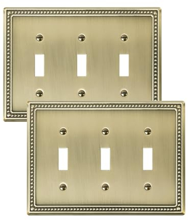 TREEWELL 2-Pack Triple Toggle Light Switch Cover Plate, Pearls Decorative Switch Plate Covers, Antique Brass 3 Gang Metal Wall Plate, Corrosion Resistant