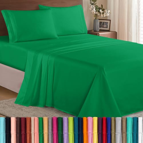 Elegant Comfort, Luxury Hotel Quality 1500 Microfibre Sheet Set - 4 Piece - Pleat with Full Elasticated Corners, Pocket up to 16 Deep Pocket, Double - Green