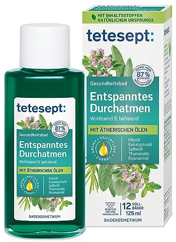 tetesept Entspanntes Durchatmen Bad – 1 x 125 ml – Gesundheitsbad mit 5 natürlichen ätherischen Ölen – Wohltuender Badezusatz für Entspannung und Erleichterung