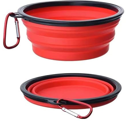2 Pack Collapsible Travel Silicone Dog Bowl, Portable Pet Food Water Bowl, Silicone Foldable Cat Feeding Travel Portable Drinking Water Drinker with Water Hook, Easy to Carry, Camping, Walking (Red)