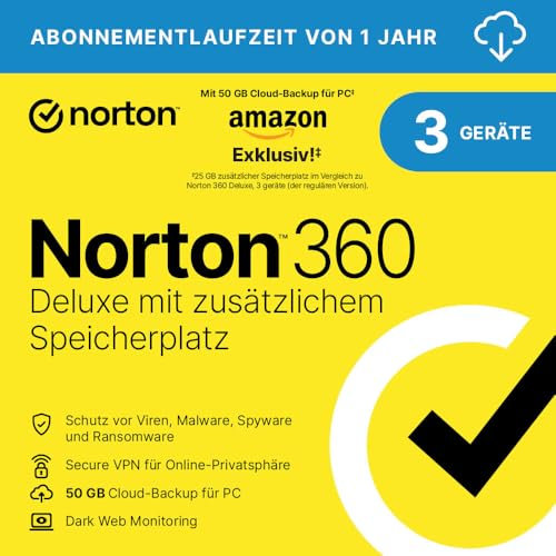 Norton 360 Deluxe mit extragroßer Backup-Kapazität – Amazon Exklusiv* 25GB zusätzlicher Cloud-Backup Speicher. Antivirus Software für 3 Geräte und einem Jahr Laufzeit