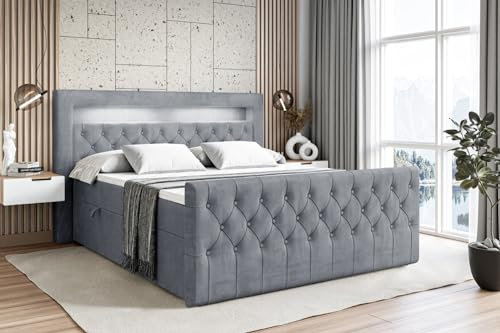 ALTDECOR Boxspringbett mit Matratze und Lattenrost, LED Boxbett, Topper, Fußteil, Polsterbett mit Bettkasten, Bett mit Stauraum H4-Matratze, Doppelbett, Springboxbett - Aurora - 180x200 - Grau Samt