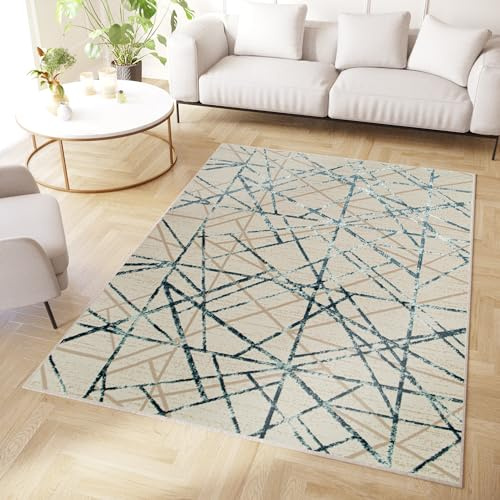 TAPISO Crystal Teppich Kurzflor Glänzend Blau Beige Geometrisch Linien Abstrakt 3D Effekt Wohnzimmer Schlafzimmer Modern Design ÖKO-TEX 250 x 350 cm