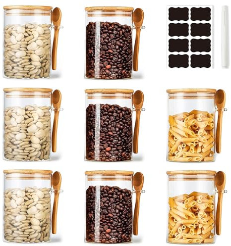 NEEMOSI Vorratsdosen Glas mit Deckel,Gut Verschlossenes Vorratsgläser mit Löffel und Deckel,Ideal für die Aufbewahrung von Trockenwaren,Gewürzen,Tee,Kaffee,Nüssen,Samen usw (540ML×8)