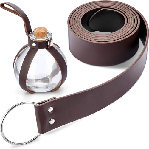 Ieron Halloween Dark Magic Cork Potion Bottle Round Spherical Clear Glass Bottle with 74 Medieval Knight Leather Belt for Costume Cosplay Props DIY Crafts and Decorative Bottles