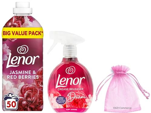 Lenor Fabric Conditioner 50w, 1.65L, Jasmine & Red Berries Scent +Lenor Crease Releaser Spray, Removes Creases in Fabric, 500ml, Ruby Jasmine Bundle Scent + Our Gift for You: Organza Small Bag