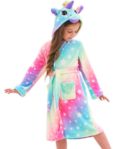 Accappatoio Unicorno per Bambina Morbidi Vestaglie in Pile con Cappuccio per Ragazze (Rosa/Blu, 5-6 anni)
