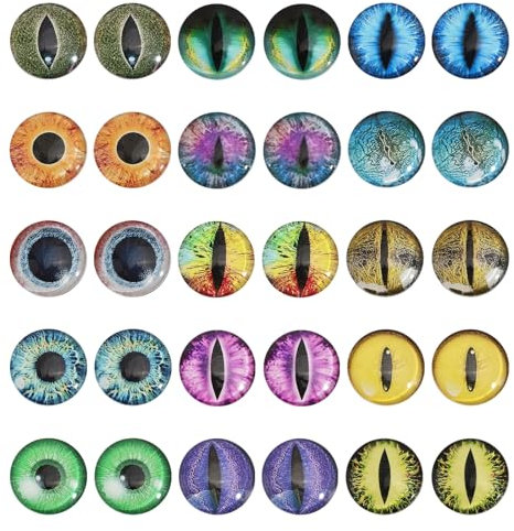 CHGCRAFT 30Pcs 25MM Dragon Eyes Glass Cabochon Luminous Cat Eyes Glass Cabochons Glow in The Dark Animal Eyes Flatbacks for Art Props DIY Craft Making, 15Style