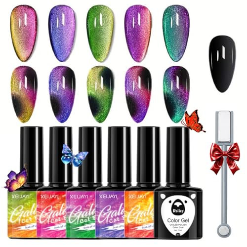 Cat Eye Magnetic Holographic Nail Polish Set - 5 Colors (Pink, Purple, Red, Green, Glitter) - Includes Black Gel Base - Gel Nail Art Kit