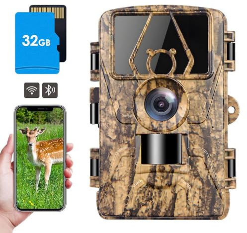 Wildlife Camera WiFi Bluetooth - 8K 60MP Trail Hunting Camera with Night Vision Motion Activated with 32GB Micro SD Card, IP66 Waterproof 120° Detection Angle 950nm No Glow LED for Hunting Garden