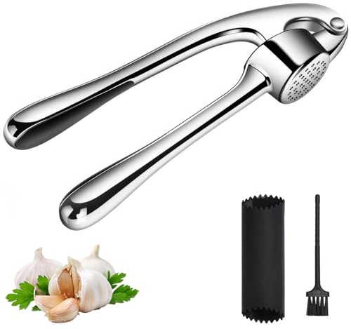 Spremiaglio Nutmanel Pressa-Aglio, Schiaccia Aglio Professionale, Garlic Press Forte Schiaccia Antiruggine, Spremi L’Aglio e lo Zenzero Senza Fatica, con Pelapaglio Silicone e Pennello