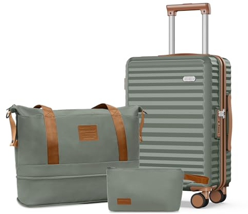 SHOWKOO Koffer Klein Leicht Hartschale 100% Polycarbonate Haltbar Reisekoffer mit Rollen Hartschalenkoffer Set Trolley Handgepäck Enthält 1 Reisetasche und 1 Kulturbeutel, M-Armeegrün