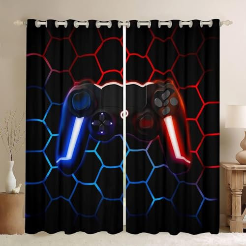Homewish Gaming Boys Curtains for Bedroom 46Wx54L - Gamer Kids 30%-50% Blackout Drapes for Living Room, Gradient Red Blue Game Controller, Geometric Honeycomb Window Treatment