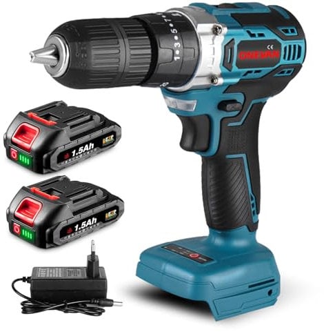 ONEVAN avvitatore a batteria, 25+3 trapano a percussione batteria con 2 1,5Ah batterie, 20V 54Nm tassellatore a batteria avvitatore elettrico per Fai da Te Domestico