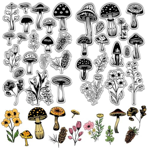 CRASPIRE 2 Blatt Pilz-Stempel Aus Transparentem Gummi, Pflanzenblumenblätter, Wiederverwendbar, Vintage, Transparente Silikon-Siegelstempel Für Heimwerker, Basteln, Scrapbooking, Journaling