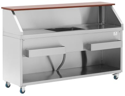 Royal Catering Mobile Cocktail-Station mit Eisbehälter und Flaschenhalter Becken mit Ablauf und 180 cm Langer Anrichte in Holzoptik Cocktailtheke Cocktail Theke Cocktailbar