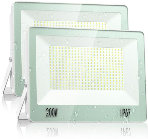 VRTOGTHE Foco LED Exterior 200W - 2 Piezas 20000LM Proyector Con Transformador y IP67 Impermeable, 7000K Blanco Frío Para Fábrica, Patio, Estadio, Garaje