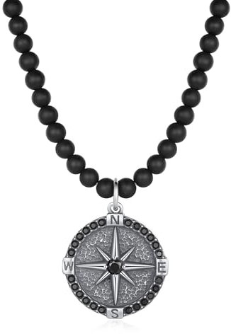 GAVU Collana Pietre Nere Uomo, Collana Vintage da Uomo con Perline di Onice e Ciondolo Bussola 60cm