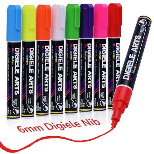 DIGIELE Tiza Líquida por Ventanas, Cristal y Espejos, 8 Color Rotuladores Tiza Liquida, 6mm Punta Reversible de Bala o Cincel, Borrado con Seco/Húmedo, Tinta No Tóxica para Las Superficies No Porosas