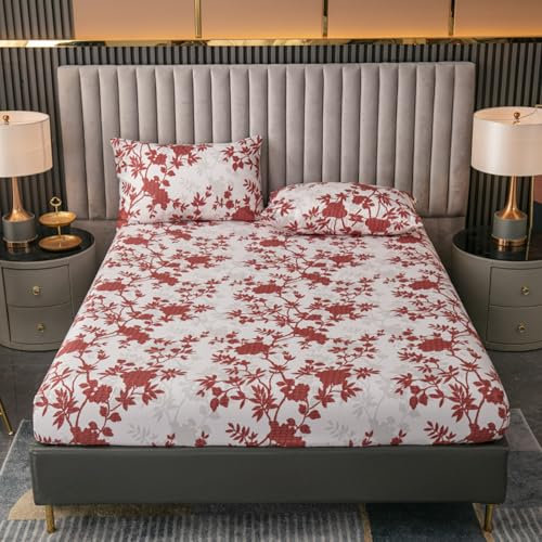 FOREPOTY Easy Care Fitted Bed Sheet,Brushed Printed Polyester Single-Layer Bed Sheet, Soft Extra Deep Pocket Mattress Topper Bed Cover,Rose,Queen 153x203x30cm (1pcs)