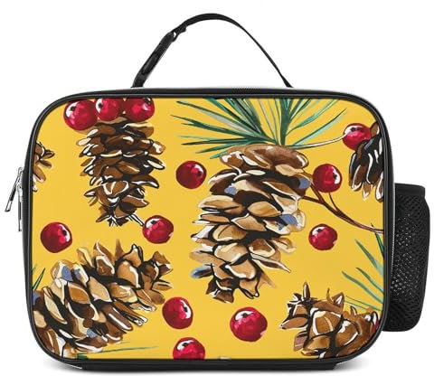 Lunchtasche, isolierte Lunchbox für Damen und Herren, Kühltasche, wiederverwendbare Lunchtasche, Tannenzapfen und Preiselbeeren, Lunchtasche für die Arbeit