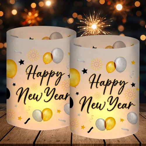 12 Windlicht Tischdeko Silvester, Silvester Deko 2025, Happy New Year Deko, Silvesterdeko Tisch, Neujahr Decoration, Silvester Party Zubehör Kinder Deko Set, Silvester Geschenk, für Teelichter