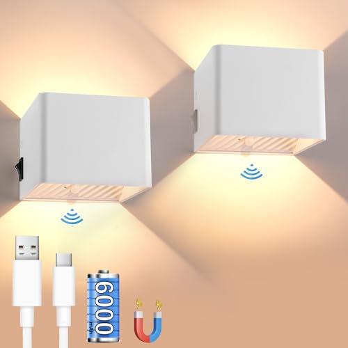 YindaLux 2x Aplique pared interior con sensor movimiento, 6000mAh 3W 2700K Lampara pared sin cable, Recargable por USB Apliques con interruptor para Dormitorio Escaleras Pasillo, Blanco