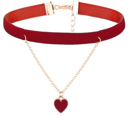 JJUNW Geschichtet Verstellbare Halsband, Rot Choker Halsband, Klassische Samt Herz Halskette Damen Schmuck Gothic Choker Kette für Teenager Mädchen Trachtenschmuck Damen