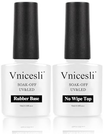 Vnicesli Rubber Base Gel und Top Coat Gel UV Nagellack Set, 2x10ml Rubber Base und No Wipe Top Coat, Soak-Off UV/LED Nagellack für Nagelstudio DIY Home